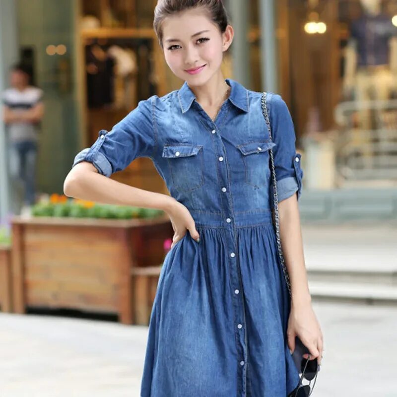 Платья джинс фото Купить к 2015 году новый большой размер короткий рукав отложным воротником Повсе