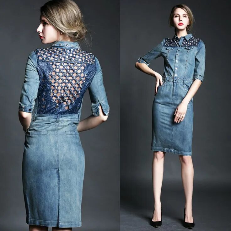 Платья джинс фото luxury 2015 autumn fashion cutout beading women's one piece dress knee length de