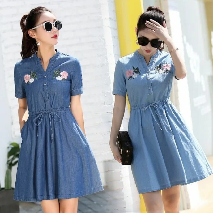 Платья джинс фото Click to Buy Vintage Lace Up Flower Embroidery Denim Dress Women 2017 Summer New