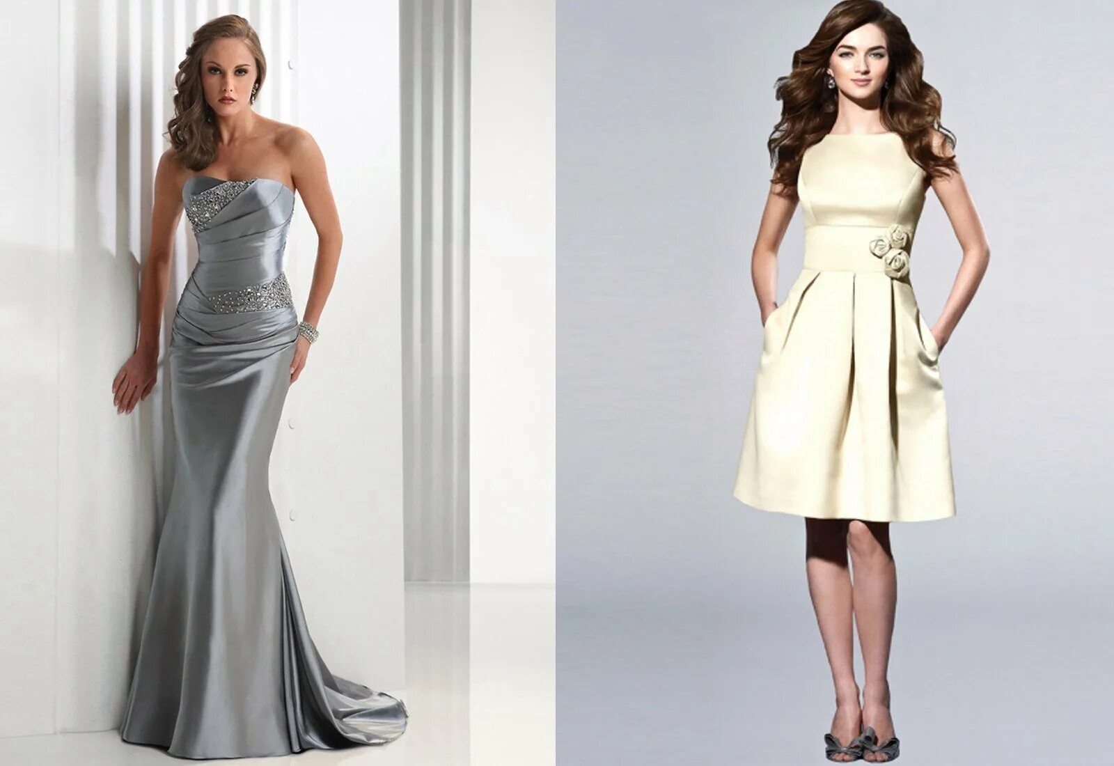 Платья фасоны фото Длинные и короткие атласные платья: фасоны, цвета и детали