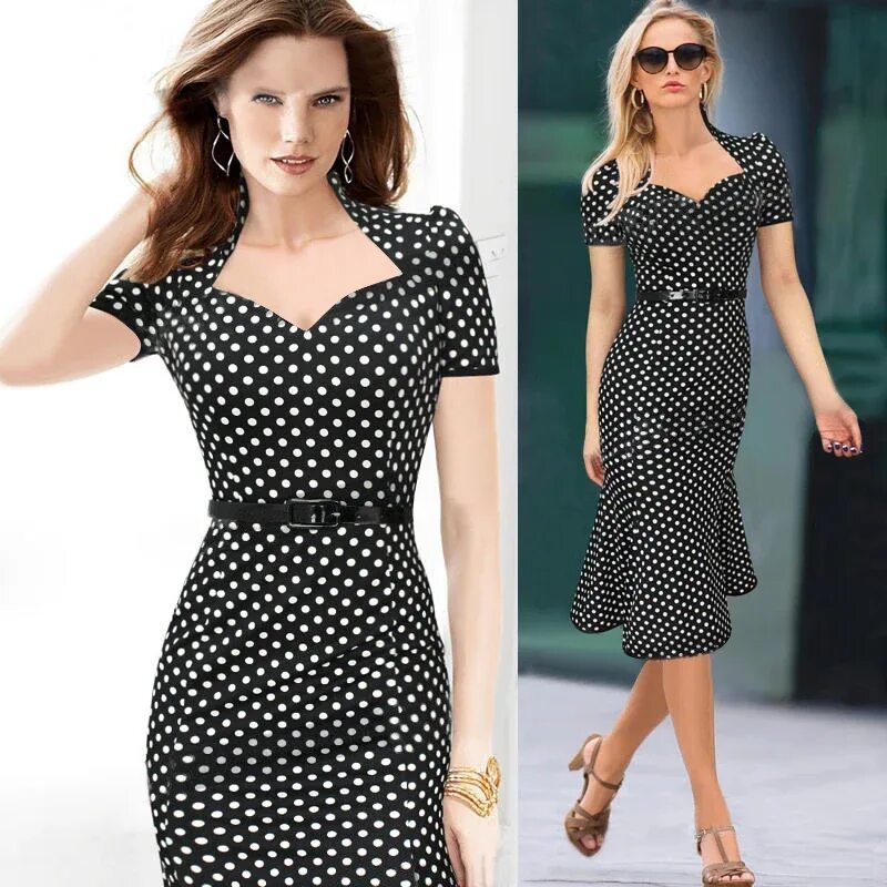 Платья фасоны фото 2017 Винтаж оболочка в черный горошек печати Midi Bodycon платье короткий рукав 