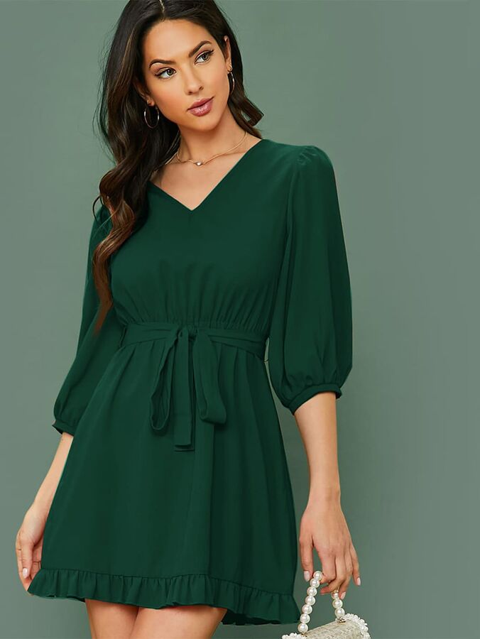 Платья фонарики фото SheIn / Платье с оборками, поясом и рукавом фонарик Платья с рукавом - Мини