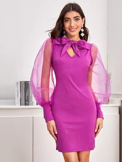 Платья фонарики фото Mesh Lantern Sleeve Tie Neck Dress SHEIN