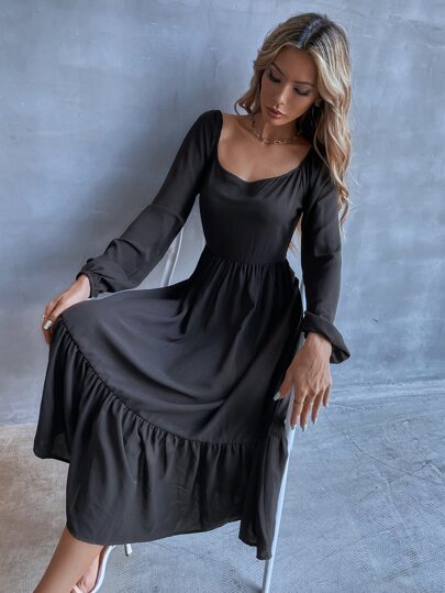 Платья фонарики фото Платье с глубоким декольте с рукавами-фонариками с оборками SHEIN Россия