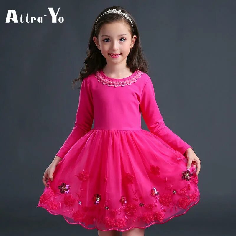 Платья фото 6 лет Spring and Autumn Girls Long-sleeved Princess Dress Flower Embroidered Tutu Skir
