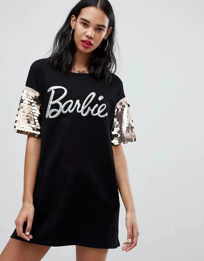 Платья футболки фото Missguided Barbie Glitter Logo Sequin Sleeve T-Shirt Dress Shirt dress, One piec