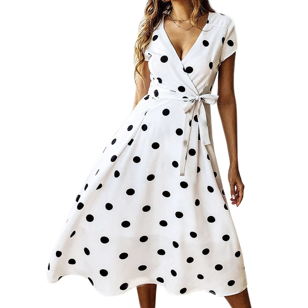 Платья горошек фото Модное летнее повседневное платье в горошек с коротким рукавом, белое, размер XL