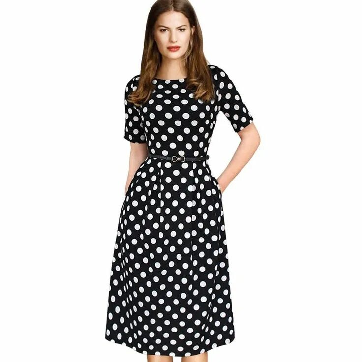 Платья горошек фото Black and White Dot A Line Dress Dresses Length: Knee-Length Sleeve Length(cm): 