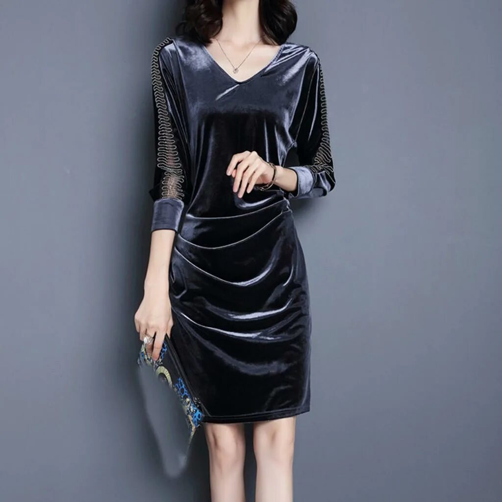 Платья из бархата фото Женская мода осень V-образным вырезом бархатное сращивание до колен платье с пол