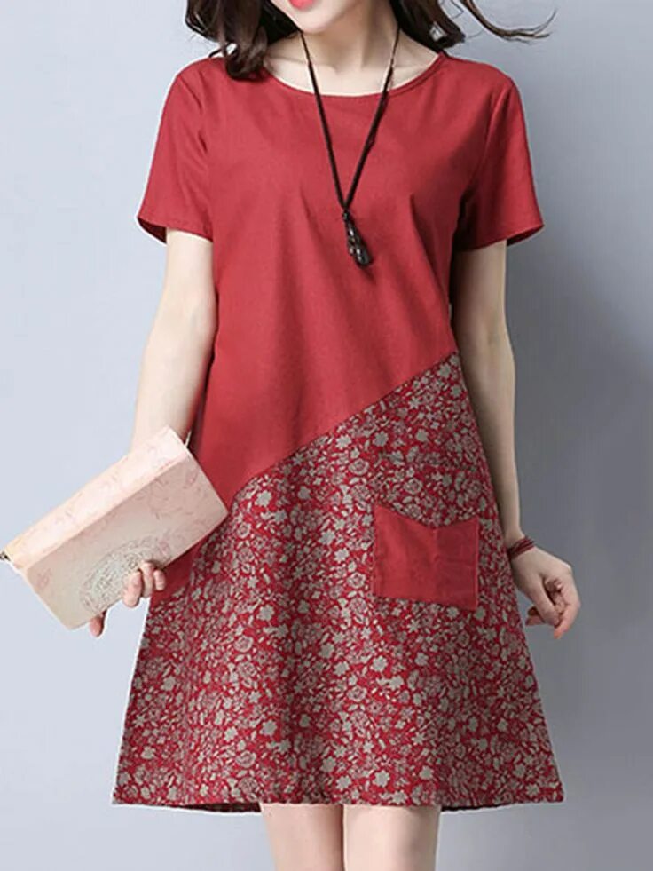 Платья из разной ткани фото Specification: Sleeve Length:Short Sleeve Neckline:O-neck Color:Red,Green,Blue S