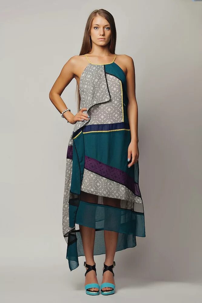 Платья из разной ткани фото Комбинированное из разных типов ткани шелковое ассиметричное платье Bcbg By Max 