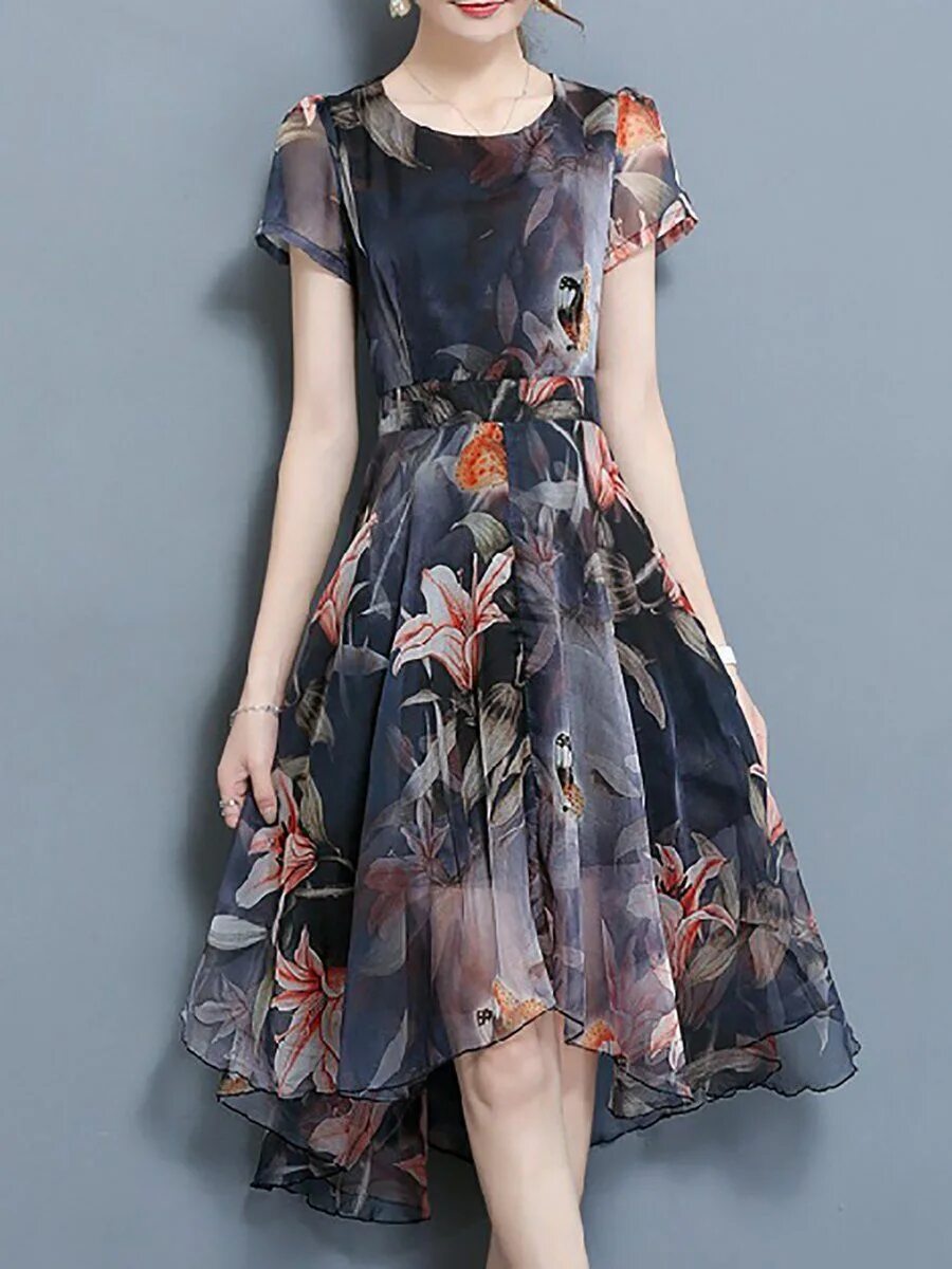Платья из шифона 2024 модные фото Elegant Printed Asymmetrical Chiffon Midi Dress - StyleWe.com $61 Vestidos india