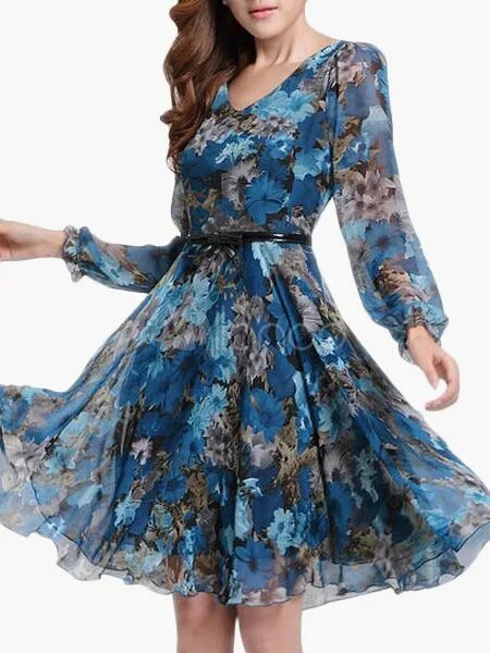 Платья из шифона 2024 модные фото V-Neck Long Sleeves Floral Print Flared Dress - Milanoo.com Kleider, Kleidung fr