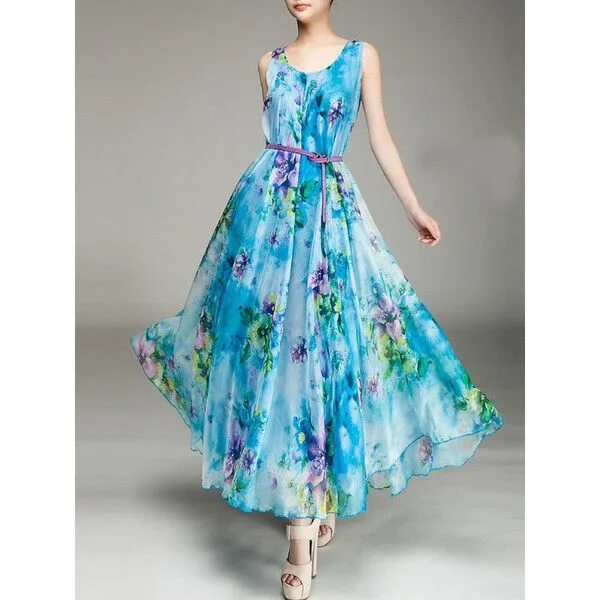 Платья из шифона 2024 модные фото Round Neck Belt Floral Chiffon Maxi Dress ($37) ❤ liked on Polyvore featuring dr