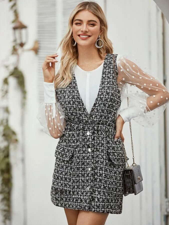 Платья из твида 2024 модные тенденции Button Front Tweed Pinafore Dress Платья Стиль Элегант. Офисные платья