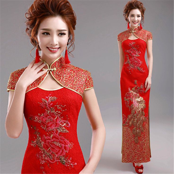 Платья китай фото Red Evening Wedding Dresses Bridal Gown Sequins Phoenix Cheongsam Peony YH230H e