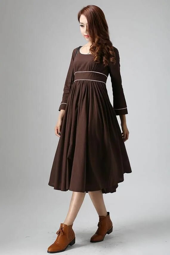 Платья коричневого цвета фото Tea Length Brown Vintage Empire Waist Dress, Scoop Neck Linen Midi Dress, Fit an