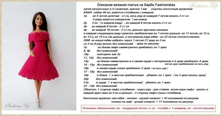 Платья крючком для барби со схемами МК и схемы Вязание - 25 фотографий Схемы вязаных крючком платьев, Образцы куколь