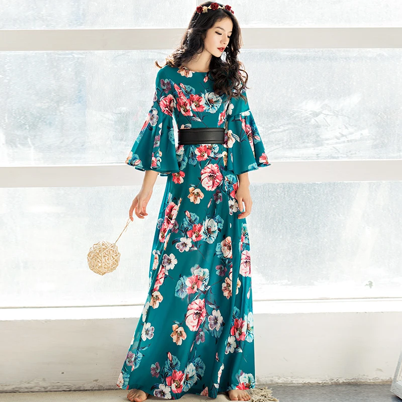 Платья макси фото HIGH QUALITY New Fashion 2017 Designer Maxi Dress Women's Flare Sleeve Floral Pr