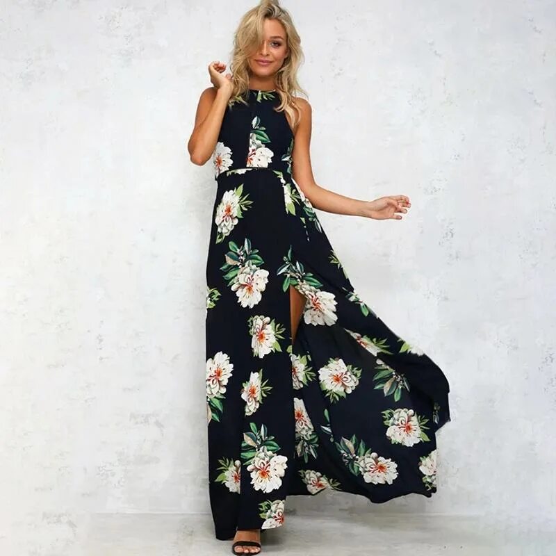 Платья макси фото Женское макси бохо с цветочным принтом, летняя пляжная длинная юбка, вечернее ко