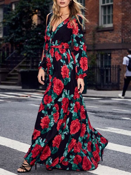 Платья макси фото Купить V Neck Vacation Regular Fit Long Sleeve Maxi Dress Maxi Dresses Stylewe в