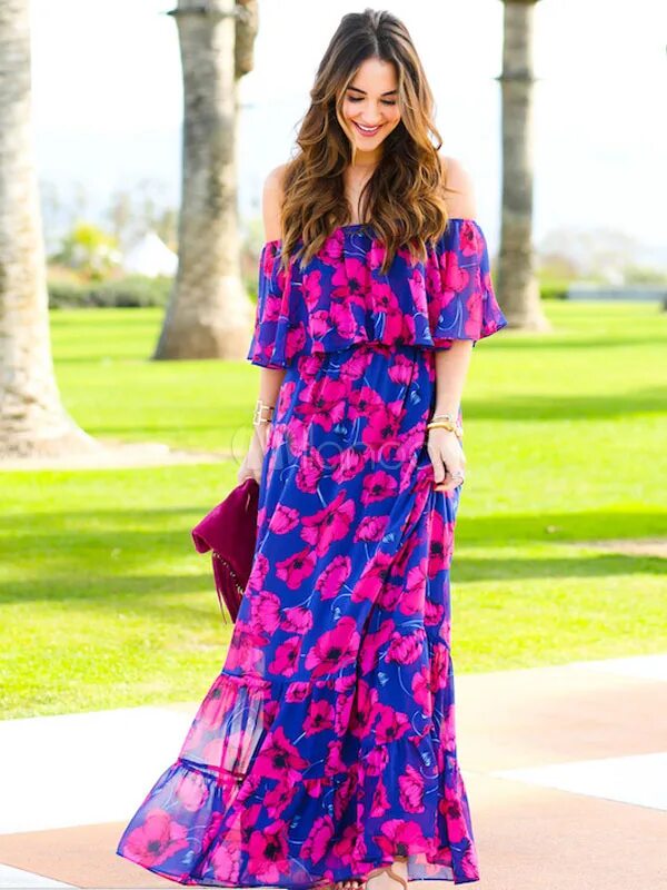 Платья макси фото Купить за $33.99 - Boho Maxi Dress Cold Shoulder Floral Print Ruffle Tassel Wome