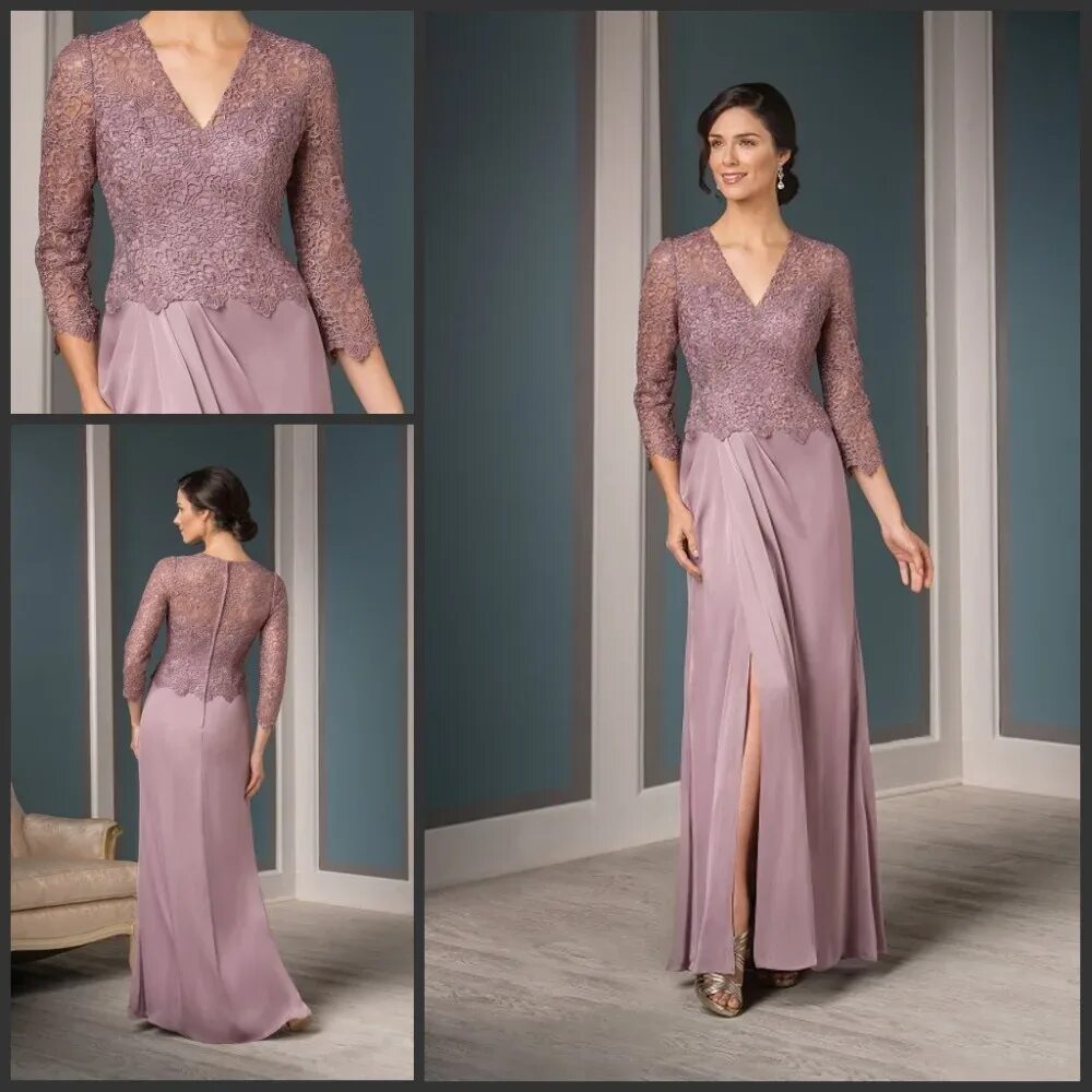 Платья мамы жениха фото Üç Çeyrek Kollu Tozlu Gül Anne için Dantel Ön Yarık Damat Anne Elbise ile şifon 