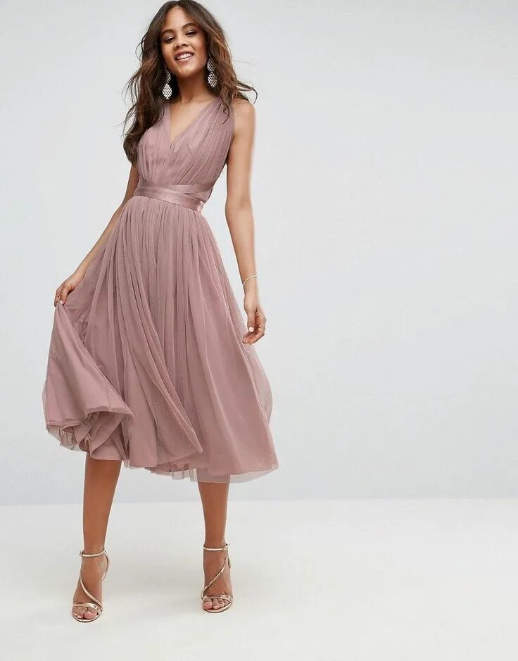 Платья миди 2024 модные тенденции ASOS TALL PREMIUM Tulle Midi Prom Dress With Ribbon Ties - Pink Fashion dresses,