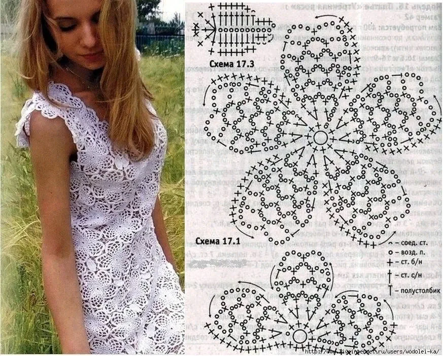 Платья мотивами крючком со схемами Цвет настроения белый. Платья + схемы Красивые работы крючком, Свободное вязание