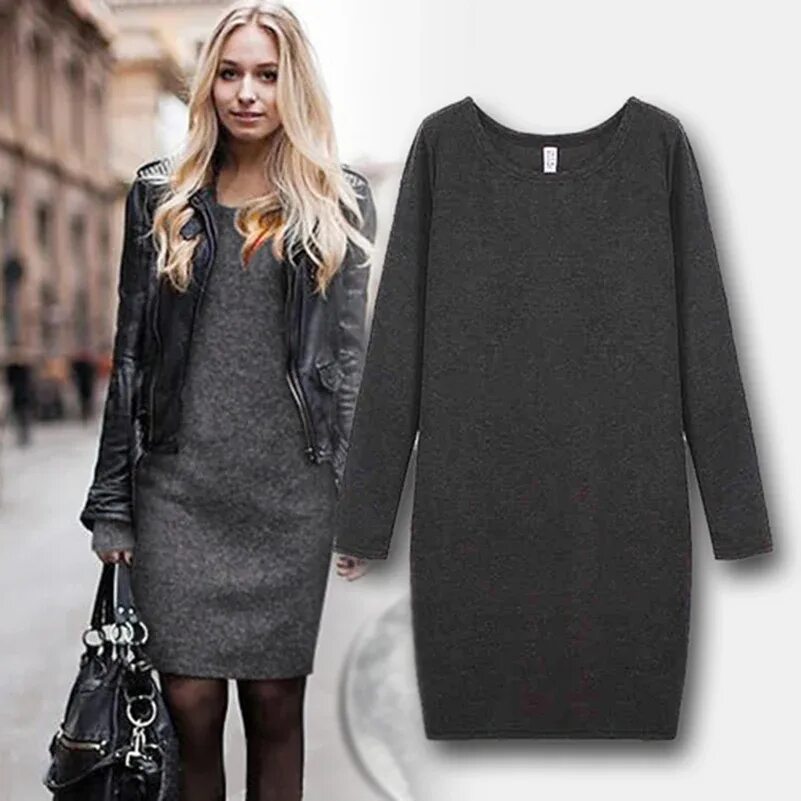 Платья на осень фото повседневные Осеннее однотонное женское платье размера плюс с длинным рукавом флисовое повсед