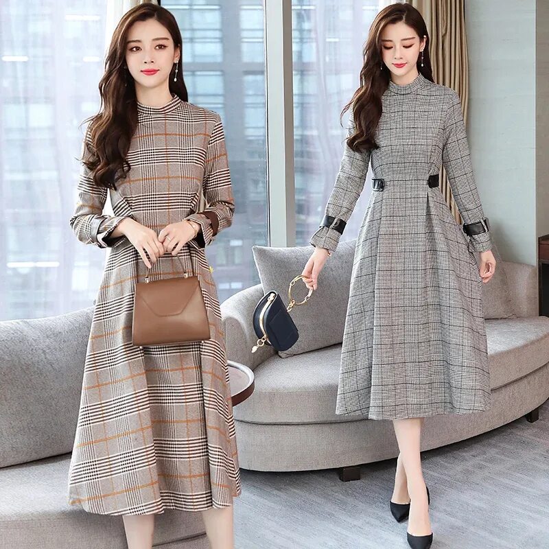 Платья на осень фото повседневные Весна Осень Новый Винтаж плед миди платья 2019 зима Корейский Элегантный вечерни