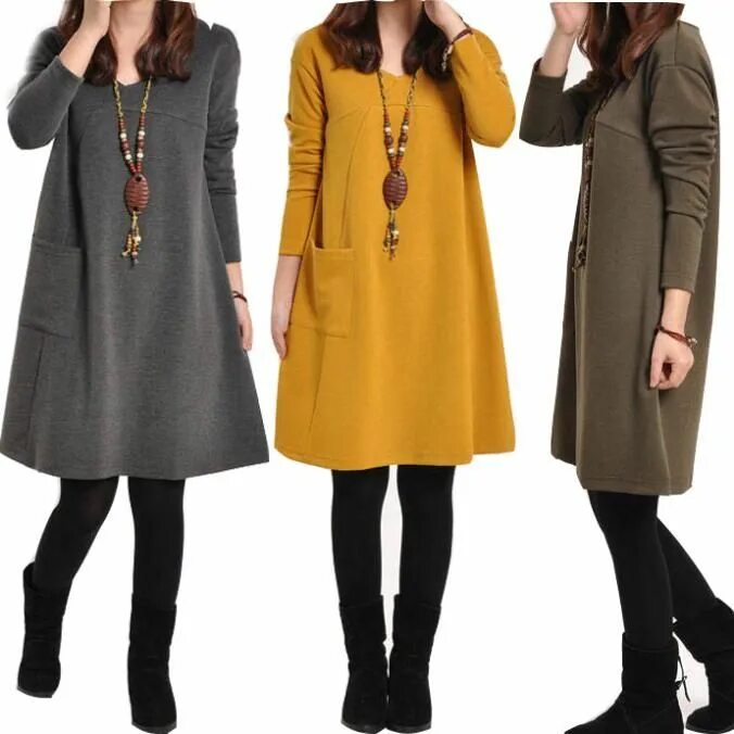 Платья на осень фото повседневные Autumn Winter Fashion Korean Style Women Casual Dress Long Sleeve With Pockets B