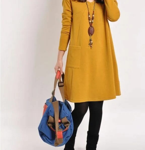 Платья на осень фото повседневные Autumn Winter Fashion Korean Style Women Casual Dress Long Sleeve With Pockets B