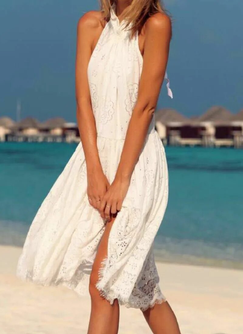 Платья на отдых на море фото Buy Halter Backless Lace Pleated Dress from abaday.com, FREE shipping Worldwide 