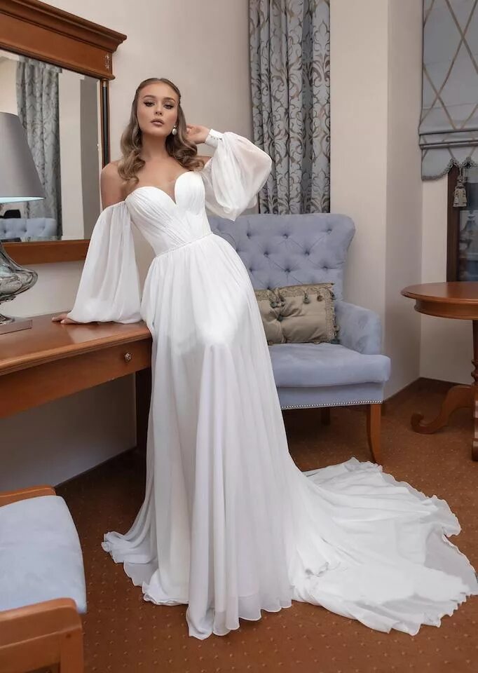 Платья на свадьбу 2019 фото Шифоновое свадебное платье с пышными рукавами купить в Москве