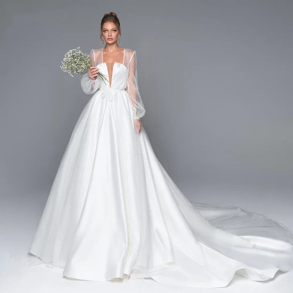 Платья на свадьбу для невесты 2024 фото Женское свадебное платье с длинным рукавом и V-образным вырезом, цена 66 р., фот
