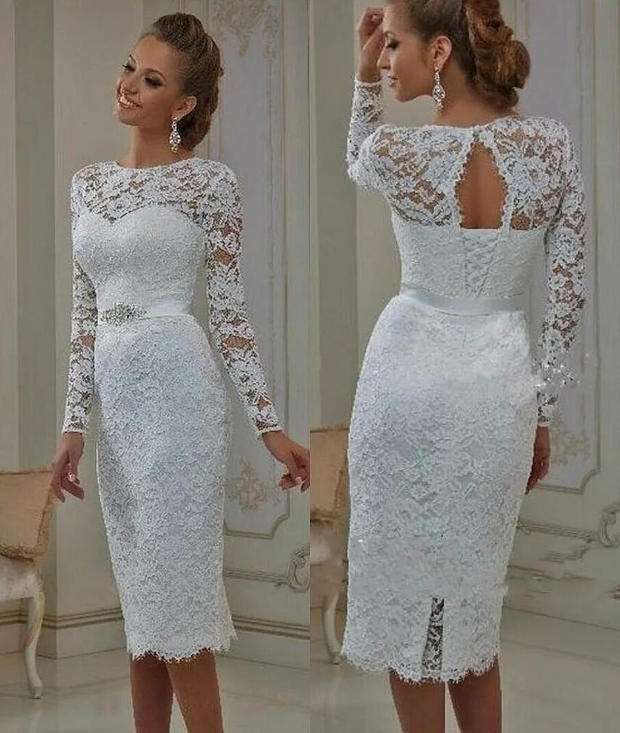 Платья на свадьбу фото Vintage Lace Tea Length Short Wedding Dresses 2017 With Long Sleeves Sheath Je. 