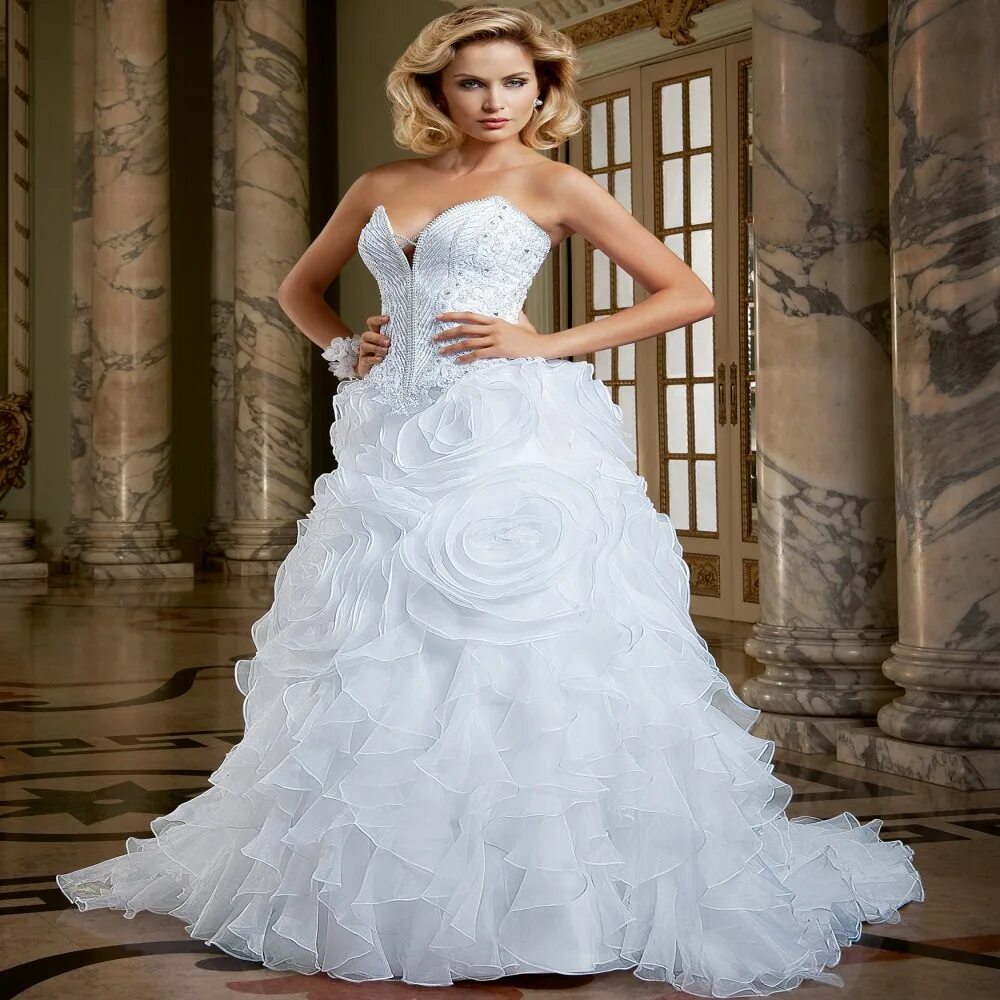 Платья на свадьбу фото и цены Hot Sale Luxury Ruffles Wedding Dresses 2015 Full Beaded Bodice Organza Sweethea