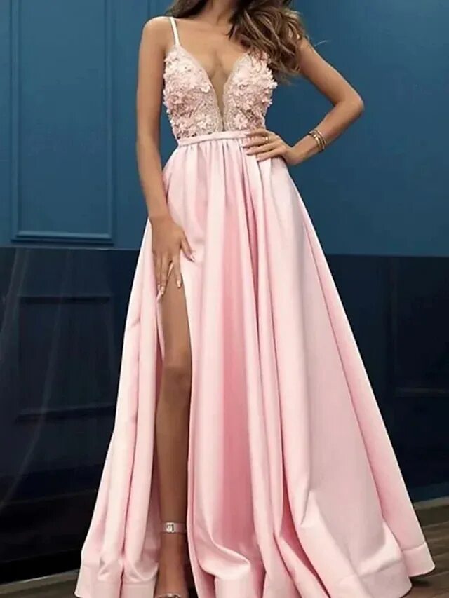 Платья на выпускной фото самые красивые Очаровательное розовое вечернее платье на бретелях-спагетти, а-силуэт, в пол, ве