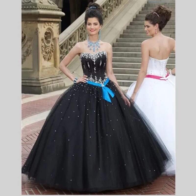 Платья на выпускной фото самые красивые 2016 Новый Стильный Белый И Черный Quinceanera Платья Бисероплетение Пояса Тюль 