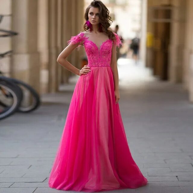 Платья на выпускной фото самые красивые Женское вечернее платье из тюля, элегантное розовое ТРАПЕЦИЕВИДНОЕ платье с рука