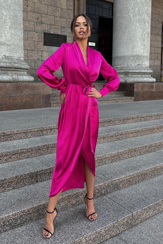 Платья на запах 2024 модные тенденции Купить роскошное шелковое платье на запах с отложным воротником фуксия с доставк