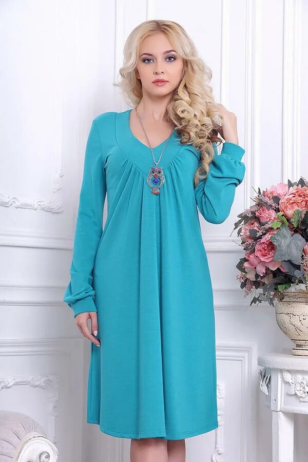 Платья недорого купить фото Платье 667. Бирюза. Теплый трикотаж ПЛАТЬЯ С ДЛИННЫМ РУКАВОМ. Женские платья