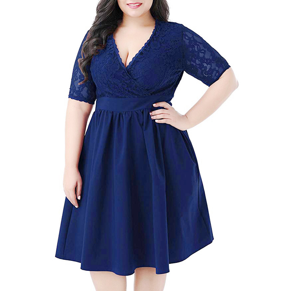 Платья обычные фото Женщины Плюс Размер V-образным Вырезом С Коротким Рукавом Сексуальное Кружевное 