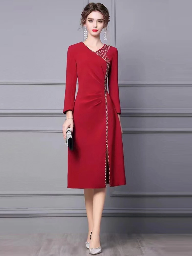 Платья осень 2024 фото Подиумное модное женское осеннее платье 2022 с длинным рукавом, красное роскошно