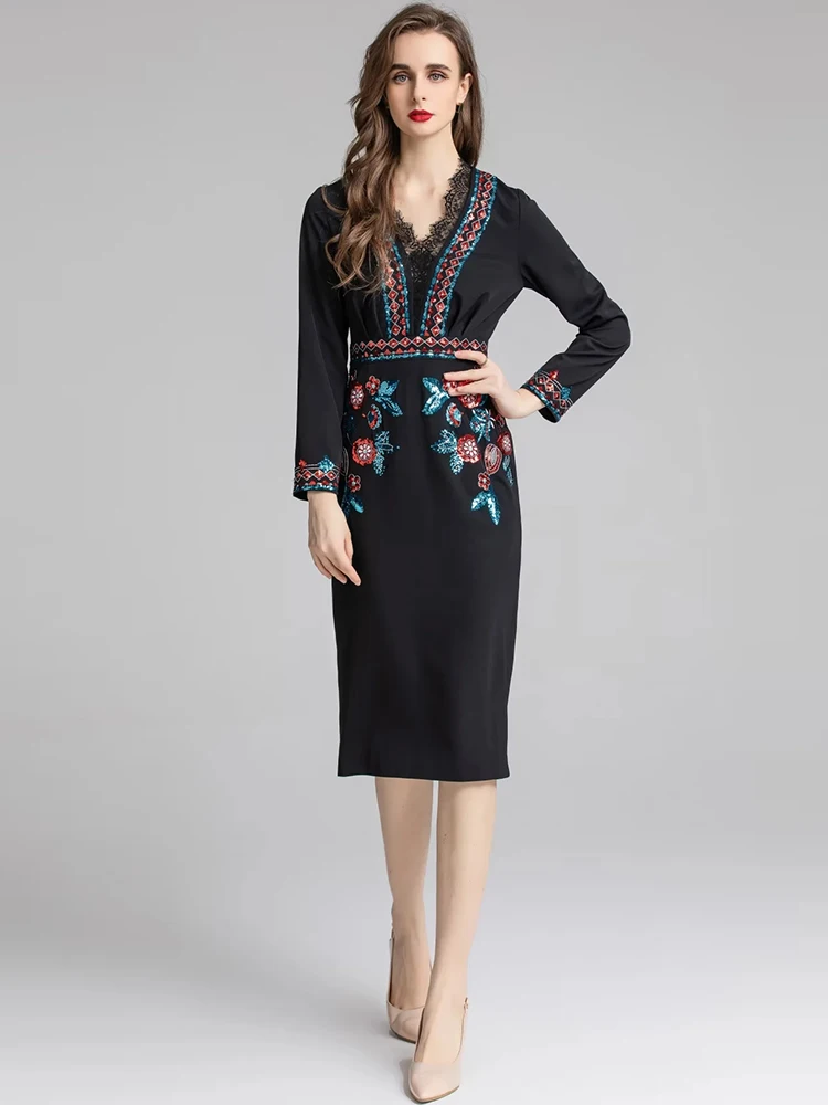 Платья осень 2024 фото MoaaYina, модное подиумное платье, Осеннее женское платье с v-образным вырезом, 