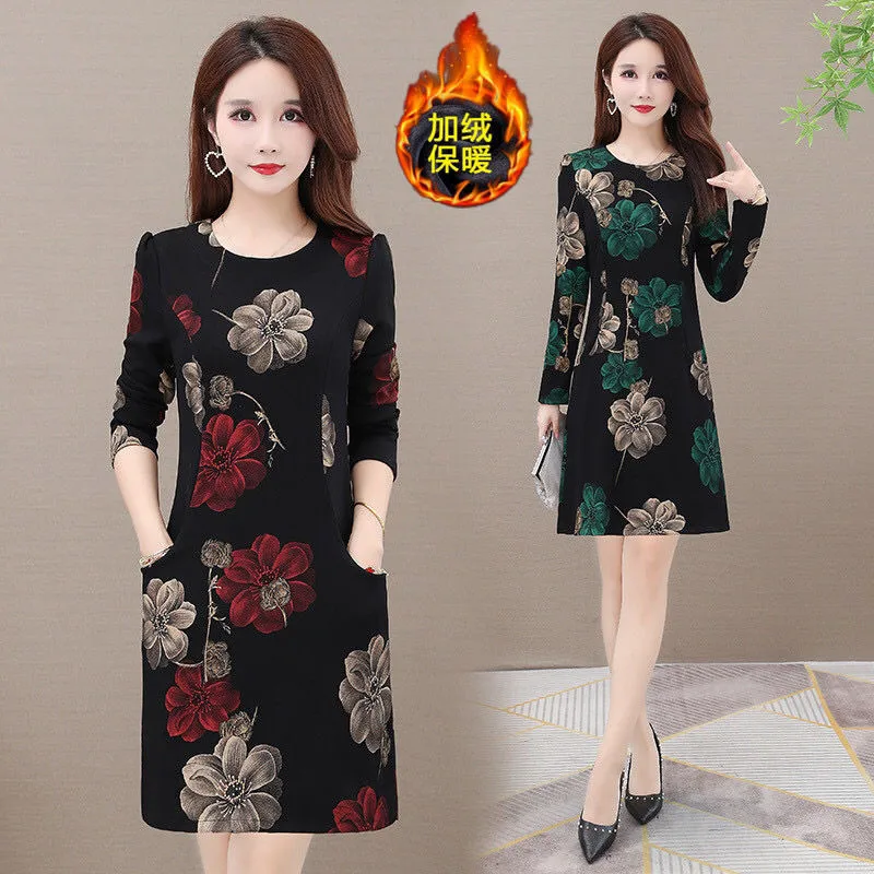 Платья осень 2024 фото Женское весенне-осеннее платье, новые зимние Бархатные платья для мам среднего в