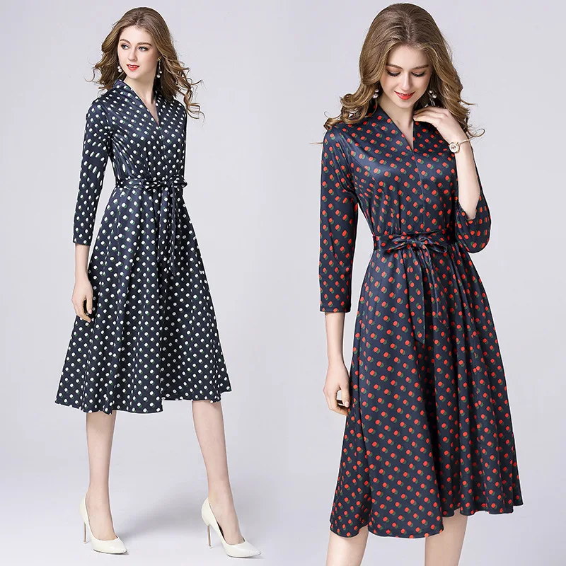 Платья осень 2024 фото Женское платье, Осеннее, винтажное, в горошек, с v-образным вырезом, Femme Vesti