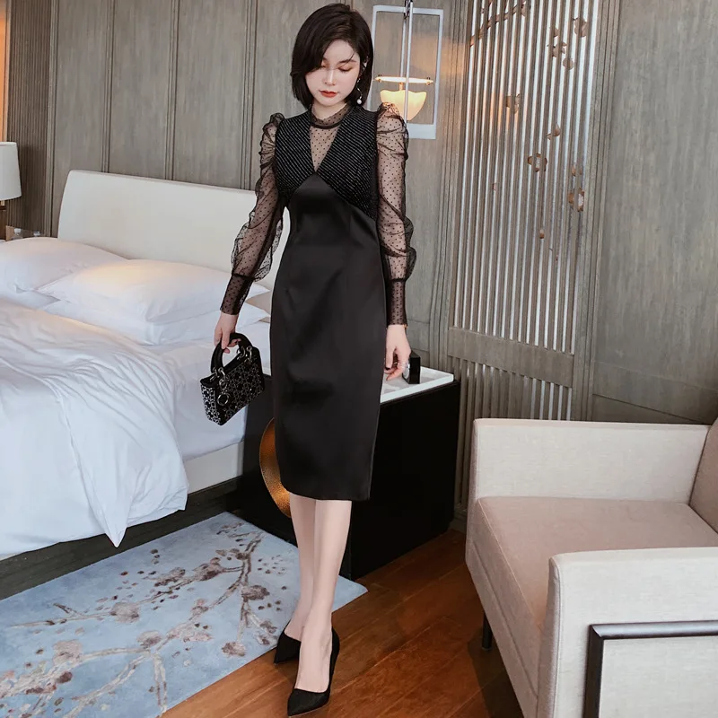 Платья осень 2024 фото Женское Сетчатое платье в стиле Хепберн, черное элегантное облегающее платье с д