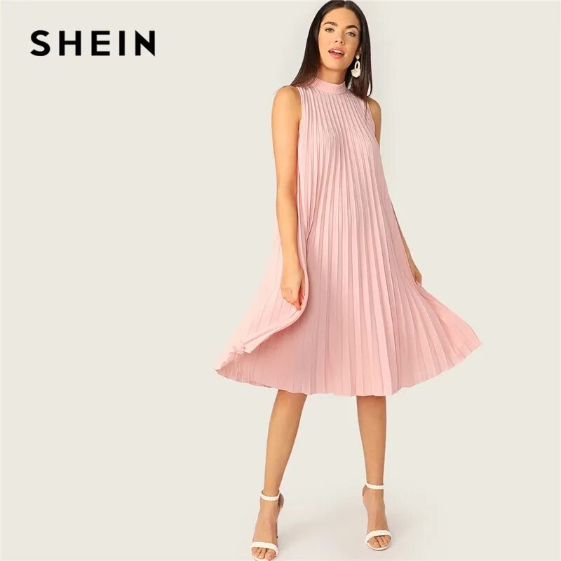 Платья плиссе фото SHEIN/Розовая плиссированная туника с вырезом и завязками на спине, вечерние лет